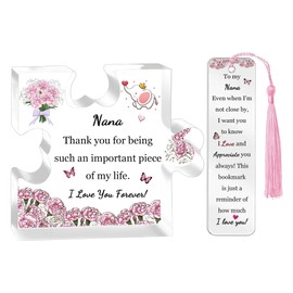 Nana Gifts for Mothers Day Puzzle Shaped Signs Bookmark 2PC Set Grandma Birthday Family Day Presents Acrylic Plaques Decor Christmas Women Retirement Appreciation Carnations Nan Thank You Keepsakes