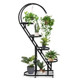 Plant Stand Indoor 5 Tier Metal Plant Shelf, Adjustable Heart Shape Tall Plant Stand with Rack, Black Outdoor Plant Shelf Rack for Patio Garden Corner Balcony Living Room
