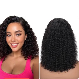 Hxxcoup Curly Wave 8 Inch 4x4 Bob Lace Front Wig 180% Density with Natural Hairline #1B Natural Black Color Human Hair Wigs Wear and Go Glueless Baby Hair No Smell for Woman