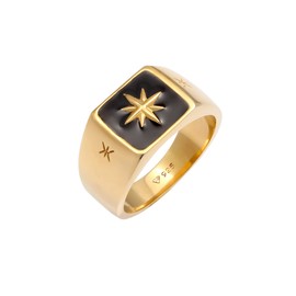 Kuzzoi 0606182620 Men's Signet Ring, Solid 11 mm Wide in 925 Sterling Silver Gold-Plated, Golden Surface with Black Enamel and Star Design, Gold Ring for Men in Ring Size 54 - 66, Sterling Silver