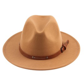 Happyupcity Khaki Classic Wide Brim Fedora Hat with Belt Buckle Felt Panama Jazz Dress Hat for Women Men