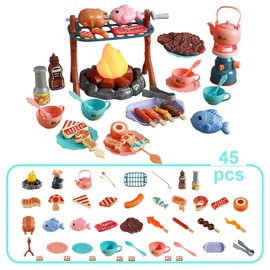 Pretend Play Campfire Toy Set with 45pcs Realistic BBQ Accessories,Fake Grill Foods,Tea Pots etc,Simulate Functional Lights&Sounds,Educational Outdoor Camping Toys Indoor&Outdoor for Kids Ages 3+
