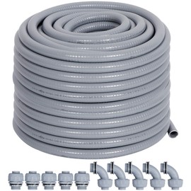 Neorexon 1/2" Liquid-Tight PVC Conduit Kit, 100ft with 10 Connectors, Grey, 5 Straight & 5 90-Degree Fittings, UL Certified, Flexible, Easy Installation, Multi-Application