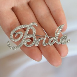 Mariell Crystal Rhinestone "Bride" Brooch Pin in Script Lettering - Bachelorette & Bridal Shower Gift!
