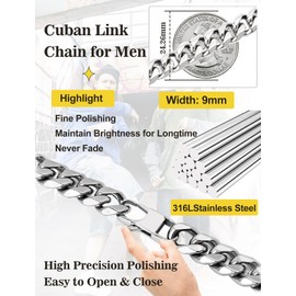 Inscca Men's Silver Necklaces for Men Stainless Steel Cuban Chain for Boys Curb Chain Women 3/6/9/12 mm Thin/Solid Surgical Steel 316L Stainless Steel Chain Hip-Hop 45/50/55/60/65/70/75 cm, Stainless