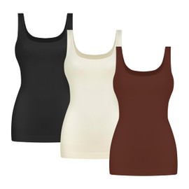 EUYZOU 3PK Womens Tummy Control Shapewear Tank Tops Scoop Neck Seamless Compression Tops Body Shaper Camisole, Black/Beige/Coffee XL