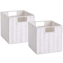 Vagusicc Wicker Storage Basket, Set of 2 Hand-Woven Storage Baskets for Organizing, Foldable Cube Storage Bins, 11 Inch Wicker Storage Baskets for Shelves and Decor, Square Closet Organizer, White