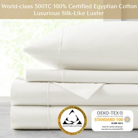 CROSCILL Egyptian Cotton Sheet Luxuriously Soft 500TC Cotton Sheets, Fitted Deep Pocket Sheet Set Fits Up to 18" Mattress, All Seasons 100% Certified Egyptian Cotton Bed Sheets, King White 4 Piece