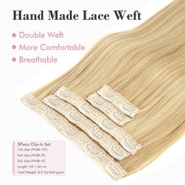 REECHO Clip in Hair Extensions, Hair Extensions Thick Long Lace Weft Lightweight Synthetic Hairpieces for Women (24 Inch-240 Gram(Pack of 5), Golden with Highlights)