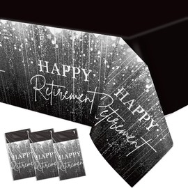 FVABO Retirement Party Decorations Tablecloth, 3Pcs Disposable Silver and Black Happy Retirement Decorations Table Cover Supplies for Women Man, 55in x 86in