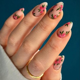 Press on Nails for Women Short Flowers French Almond Nail Tips Acrylic Nail Fake Nails Press 24 Pcs (Pink-14, Nails-14)