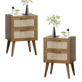 YAUKOMEL Rattan Nightstand Set of 2,Mid Century Modern Bedside with Drawers,End Table, Side Table with 2 Hand Made Rattan Decorated Drawers for Livingroom,Bedroom,Caramel Oak CTG59BR-2