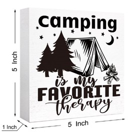 SJNH Camping Sign Wooden Block 'Camping is My Favorite Therapy' 5"X5"X1" White Wood Rectangular Decorative Sign for Home, RV, Gardens, Backyards, Living Rooms, Tents