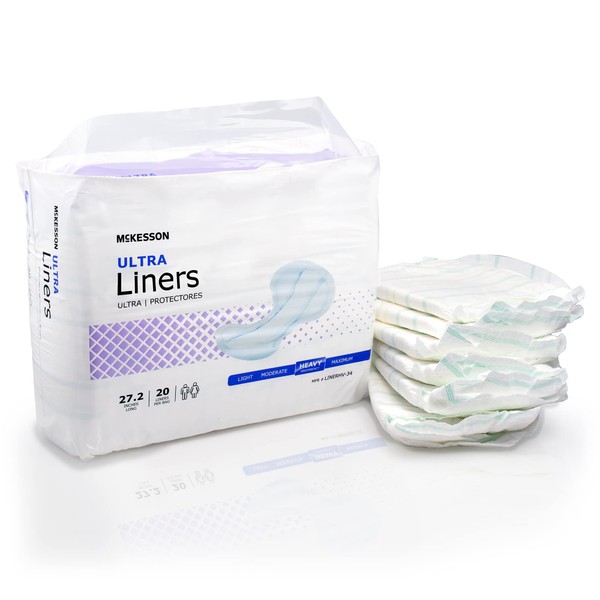 McKesson Ultra Incontinence Liners - Heavy Absorbency, Contoured, Unisex, Adult - One Size Fits Most, 27 1/5 in Long, 20 Count, 4 Packs, 80 Total