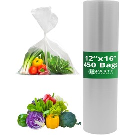 PARTY BARGAINS 12 x 16 Inch Clear Plastic Produce Bags on a Roll, 450 Count – Food-Grade Polyethylene Grocery Bags for Fruits, Vegetables, Bread & Kitchen Storage