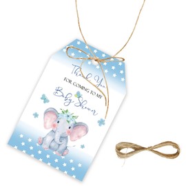 50pcs Elephant Thank You Tags, Blue Elephant Gift Tag with String for Jungle Animal Party, Thank You Paper Tags for Boy First Birthday/Elephant Gender Reveal Party Favors