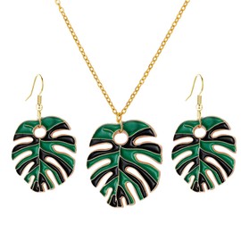 WCRAZYE Palm Leaf Earrings and Necklace Set for Women Lovely Bohemian Enamel Green Tropical Monstera Leaves Dangle Drop Statement Earrings Simple Monstera Plant Pendant Necklace Summer Holiday Beach Jewelry (Green)