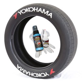Tire Stickers Yokohama w/Logo - Permanent DIY Glue On White Tire Lettering Kit with Glue & 2oz Touch-Up Cleaner / 14-16 Inch Wheels / 1.50 Inches/White / 4 Pack