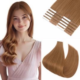 Silk-co Double Stitched Tape Extensions Real Hair Pack of 20, Tape-In Extensions Real Hair 50 g, Invisible Real Hair Extensions Tape, Hair Extensions Real Hair #06 Light Brown, 55 cm