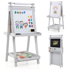 Costzon Easel for Kids, 3 in 1 Foldable Art Easel with Magnetic White Board, Chalkboard, Paper Roll, 3 Paint Cups, 3 Storage Trays & 3 Adjustable Heights, Drawing Stand for 3+ Toddlers (Gray)