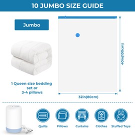 Vacuum Seal Bags for Clothing,10 Jumbo Vacuum Storage Bags with Rechargeable Air Pump,Space Saver Bags for Clothes,Travel Luggage,Blanket,Bedding,Pillows,Comforters