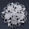 Clear Crystal Filigree Floral Brooch In Rhodium Plating - 43mm