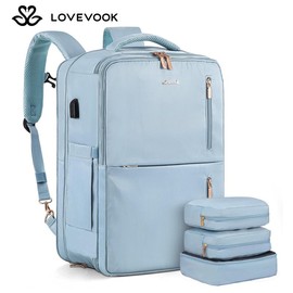LOVEVOOK Christmas TSA-Approved Expandable Carry-on Travel Backpack with 3 Packing Cubes and Shoe Compartment, Personal Item, Airline Approved Travel Bag for Hiking, Overnight and Weekender Trips. Gift for Christmas. - Color: Light blue-Twill Fabric, SIZ