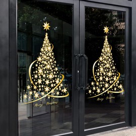 Cityhermit Christmas Tree Window Clings Stickers for Glass, Extra Large Golden Xmas Windows Static Stickers, DIY Wall Window Door Mural Showcase Decal Sticker (2 Pack)
