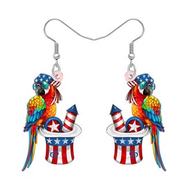 RAIDIN Acrylic Funny 4th of July Tropical Parrot Dangle Earrings Outfit Bird Gifts for Women Cute American Flag Hat Patriotic Earrings Quirky Jewelry for Mom Bird Lovers (Multicolour)