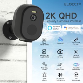 ELECCTV Security Cameras Wireless Outdoor, 2K/3MP QHD Home Security System with 130°-Wide View, Night Vision, Spotlight,IP65 Waterproof, Support Alexa,2.4GHz & 5GHz WiFi,Cloud/SD