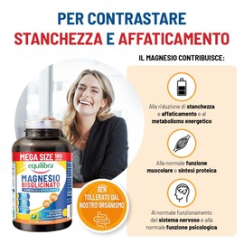 Equilibra Magnesio Bisglicinato, 180 Capsule, 250mg, con Vitamina B6, Scorta 6 Mesi, Assorbimento Ottimale, Vegan, Integratore Stanchezza, Sistema Nervoso e Funzione Muscolare, Senza Glutine