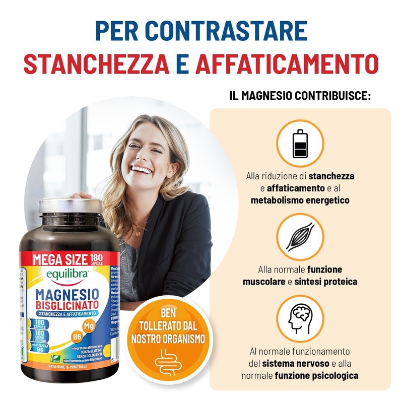 Equilibra Magnesio Bisglicinato, 180 Capsule, 250mg, con Vitamina B6, Scorta