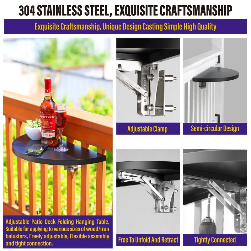 Hulave 304 Stainless Steel Deck Railing Adjustable Railing Folding Table,
