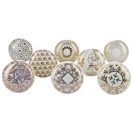 G Decor Royal Gold and Cream White Assorted Designs Ceramic Door Knobs, Vintage, Shabby Chic, Interior Furniture, Cabinet Cupboard Drawers Pulls Handles (8-Pack)