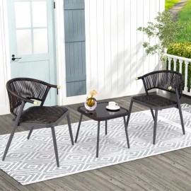 COSTWAY 3PCS Patio Outdoor Garden Furniture PE Rattan Set With Tempered Glass Tabletop