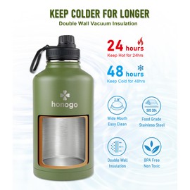 honogo 64 oz Insulated Water Bottle with Straw lid & Spout lid, Stainless Steel Half Gallon Water Flask Jug with Paracord Handle & Carrier bag, Big Vacuum Thermo Canteen, Cold for 48 Hrs