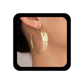 Erimberate Bohemian Feather Circle Dangle Earrings Gold Metal Feather Drop Earrings Large Feather Hoop Stud Earrings Minimalist Circle Hoop Earrings Jewelry for Women