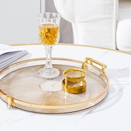 Bandeja para Servir con Asas Doradas, Bandeja Decorativa PS, Bandeja Redonda para Mesa de Centro, Bandeja Decorativa, Bandeja PS, Bandeja Redonda Dorada, Bandeja Organizadora de