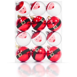 Pack of 12 6 cm Christmas Baubles, Christmas Baubles with Christmas Pattern, Plastic Baubles, Hanging Baubles for Christmas Tree Festival, Party and Wedding Decoration (Red & White)