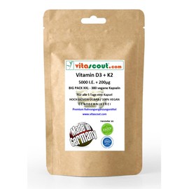 Vitamin D3 [5000 IU] + K2 200 μg mcg Depot for Optimal Absorption in the Body - 380 Vegan Capsules - No Genetic Engineering - Only One Capsule Every 5 Days - Premium Quality VITASCOUT®