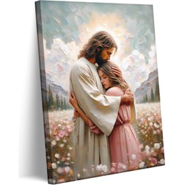 Jesus Hugging woman Canvas Wall Art Embracing Woman Safe in His Arms Decor Picture Christian Paintings Prints Christ Poster for Bedroom Living Room Dining Home Healing Embrace Print Church Decoration