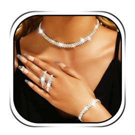 JEAIRTS Bridal Rhinestone Choker Necklace Jewelry Set Silver Diamond Chain Necklace Earrings Bracelet Sets Bling Crystal Prom Costume Jewelry for Women
