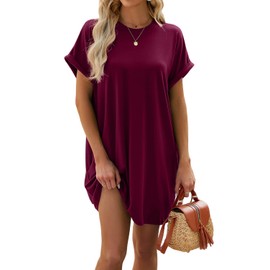 isermeo Women Summer Dresses Solid Color Swing Crewneck Loose Sundress T-Shirt Casual with Pockets Plum S