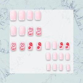 24 PCS Press on Valentines Day Nails Medium Square Fake Nails Red Hollow Heart False Nails with Red Lips Designs Full Cover Love Letter Glue on Nails Glossy Stick on Nails Acrylic Nails for Women