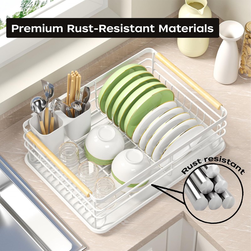 jouzevic Dish Racks for Kitchen Counter: Wooden Handles, Thickened Metal,
