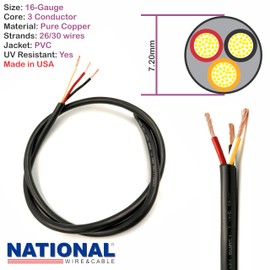 NATIONAL Wire&Cable - 16 Gauge 3 Conductors Premium Electrical Wire - Made in USA - 16 AWG Wire Stranded PVC Cord Copper Cable 50 Ft. Flexible Low Voltage LED Cable Lamps Lighting Automotive