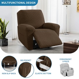 2026 Stretch Oversized Recliner Cover 3-Piece (36"-46") Super Soft XL-Recliner Chair Covers with Big Pocket & Anti Slip Ties Stay in Place, Lazy Boy Reclining Slipcover Durable Washable, Coffee