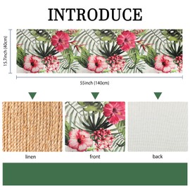 Table Runner Spring Green Leaf Table Runner Tropical Palm Pink Flowers Pattern Table Runner Dining Room Tablecloth Decoration for Kitchen Rectangular Decorative Table Runner Spring/Summer 40 x 140 cm
