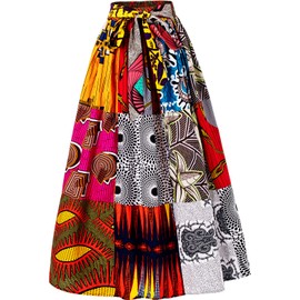 HongyuAmy Women's African Print Elastic Waist A Line Long Maxi Skirt with Pockets (Small-Large, Color A)
