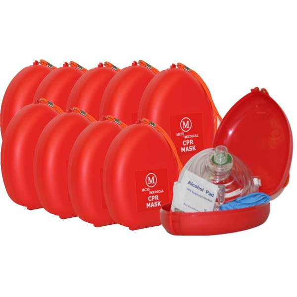 MCR Medical Pack of 10 CPR Rescue Mask, Adult/Child Pocket Resuscitator, Hard Case with Wrist Strap